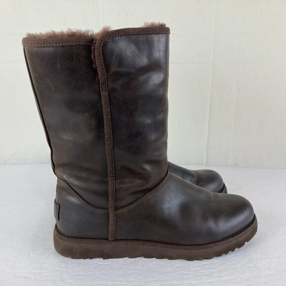 UGG Women Sz 8 Leather Shearling Lined Brown Mid Calf Boots Fall Winter Pull On - Picture 3 of 8